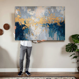 Blue Gold Abstract Large Framed Canvas Wall Art, Modern