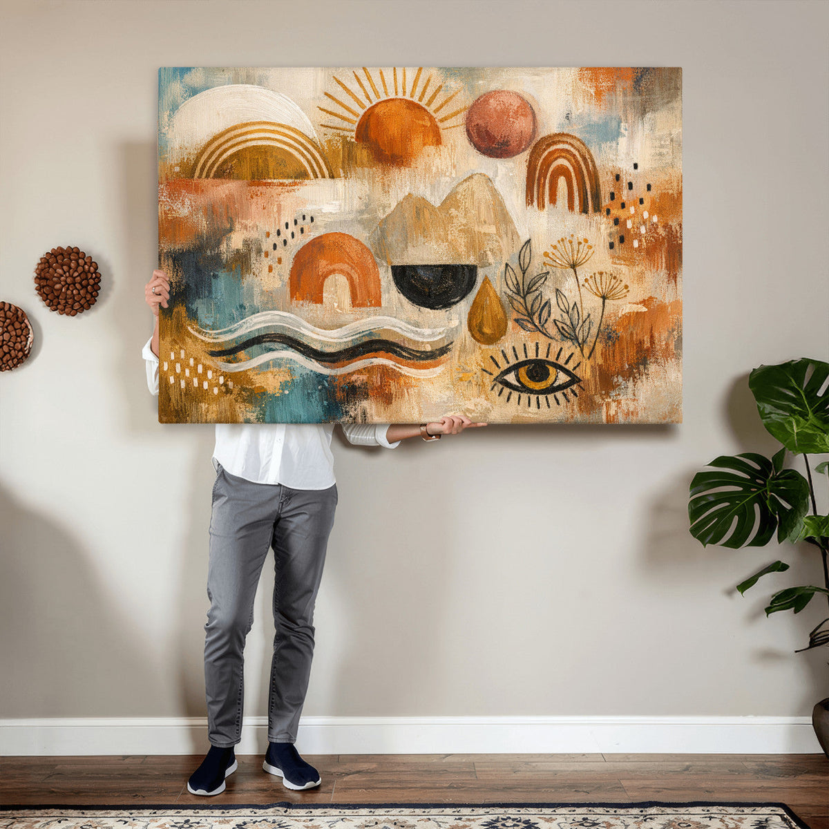 Geometric Boho Abstract Wall Art Canvas Print, Orange Blue