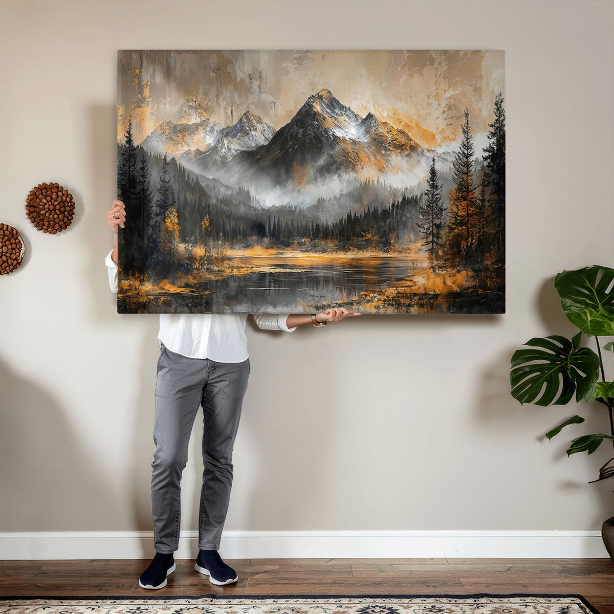 Mountain Lake Canvas Wall Art — Rustic Forest Landscape