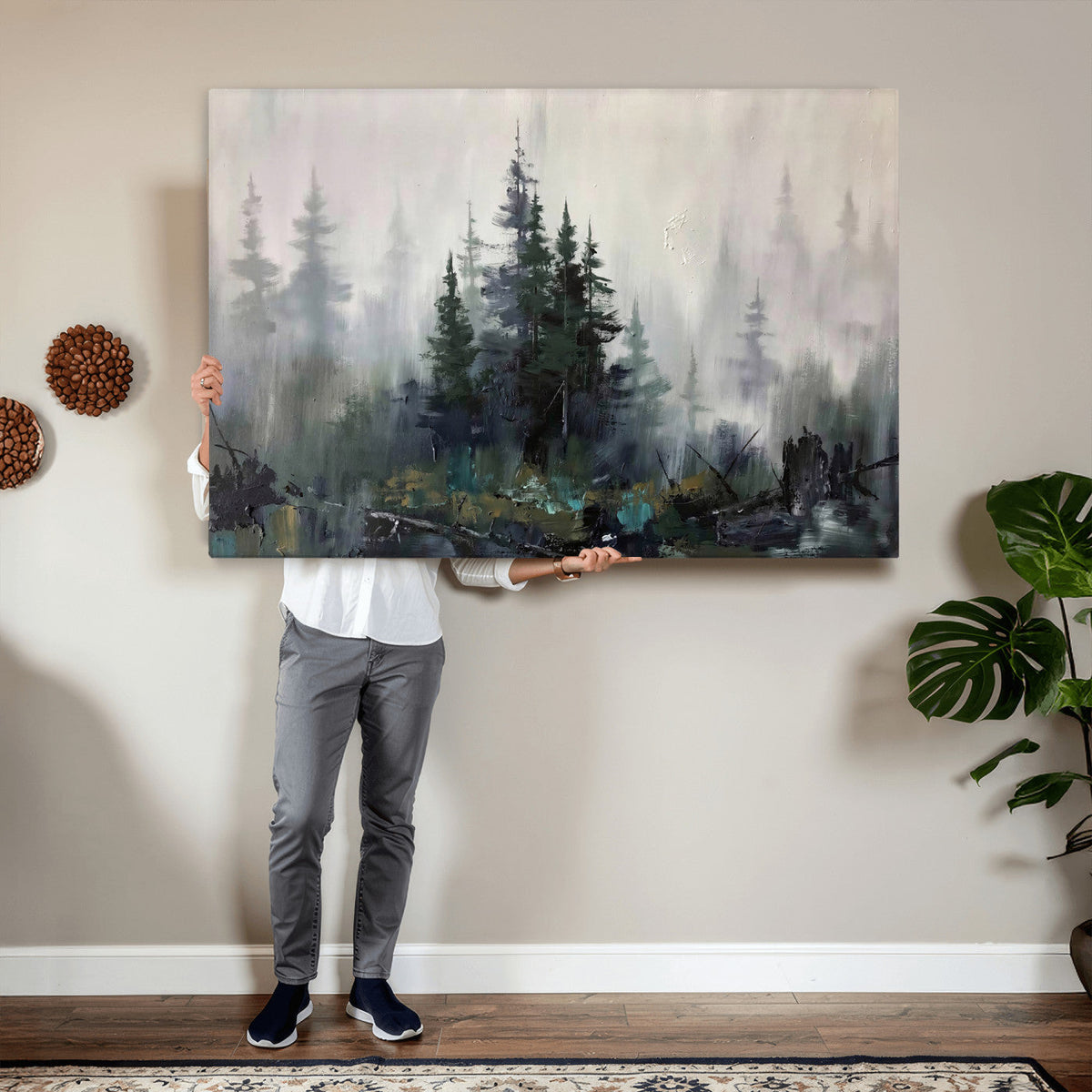 Misty Pine Forest Oil Painting Canvas — Dark Moody Teal Grey