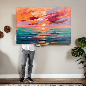 Bold Palette Knife Ocean Sunset Canvas — Orange Pink Teal
