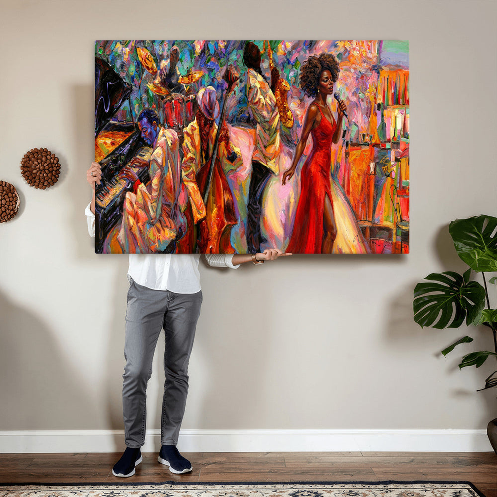 African American Jazz Singer Canvas Art — Red Dress Black