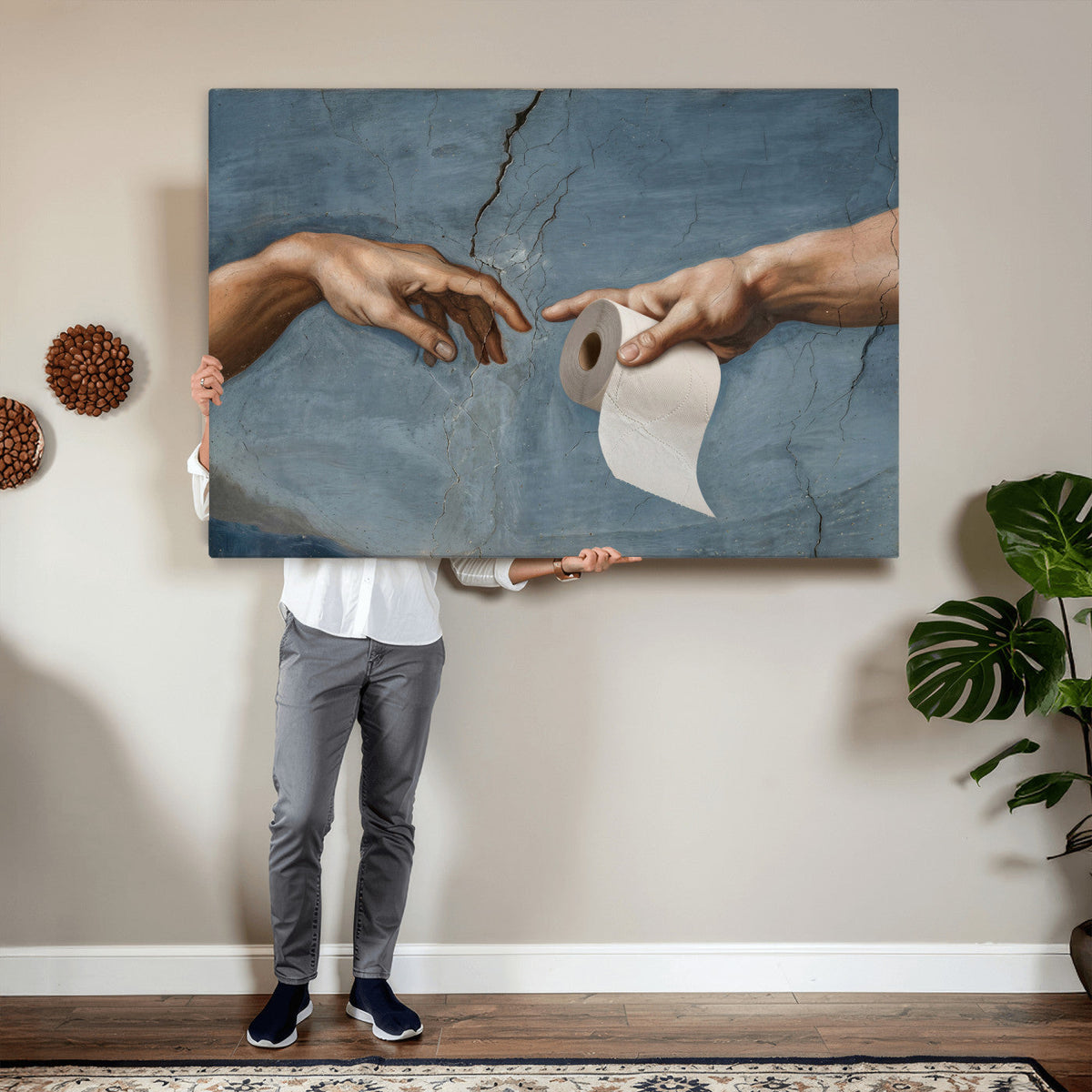 Funny Bathroom Canvas Wall Art, Michelangelo Creation of