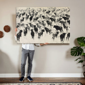Longhorn Cattle Canvas Wall Art, Black White Stampede Ink