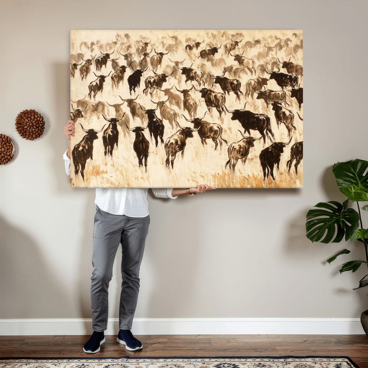 Texas Longhorn Sepia Canvas Wall Art, Western Cattle