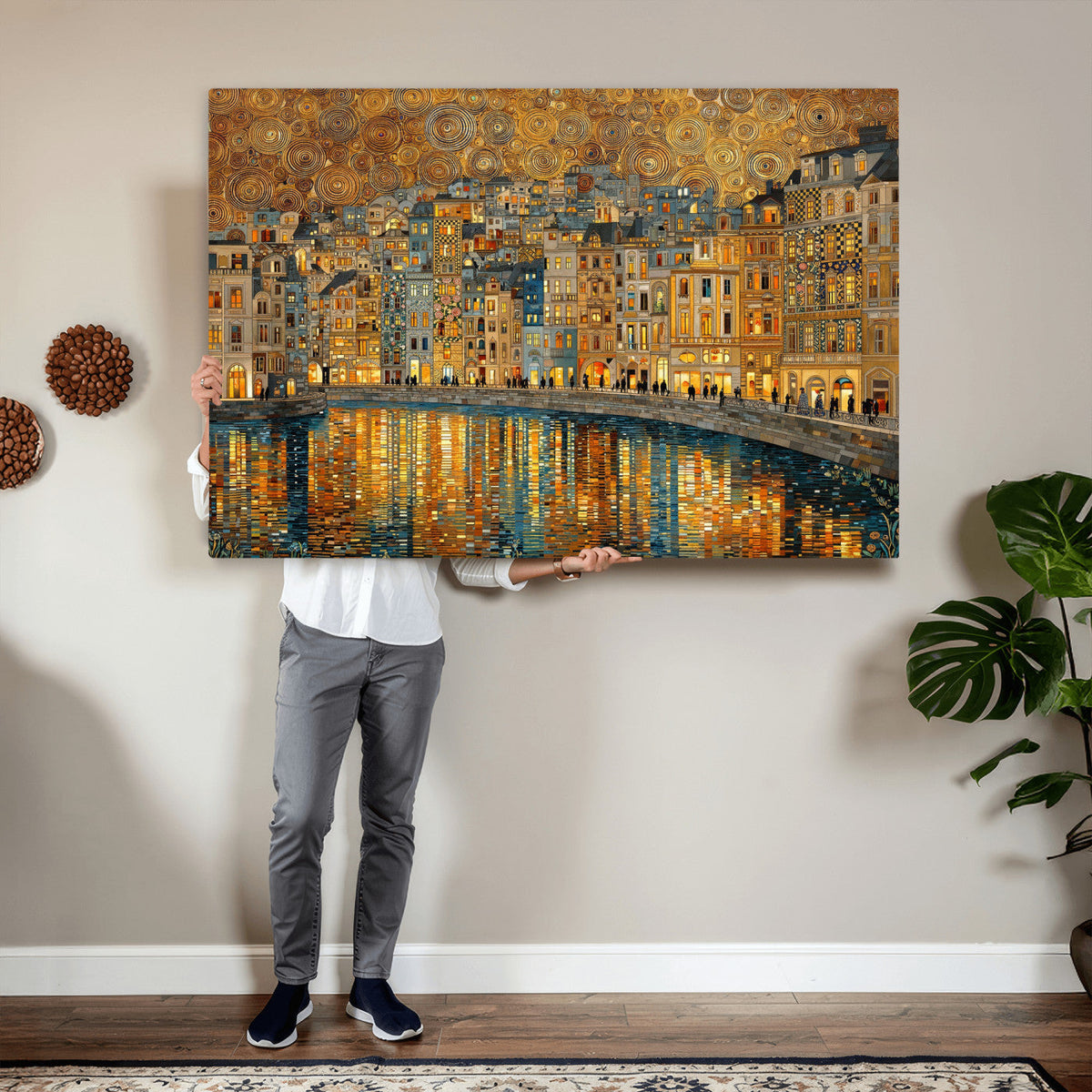 Gustav Klimt Golden Cityscape Wall Art Canvas Print, Framed
