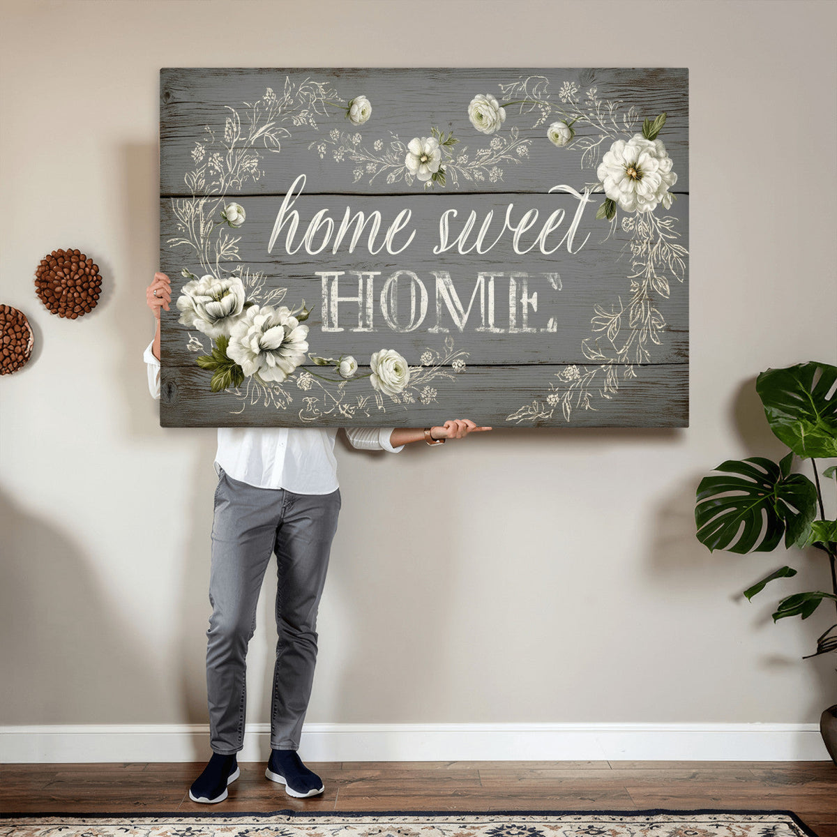 Home Sweet Home Wall Art Canvas Print, Floral Farmhouse