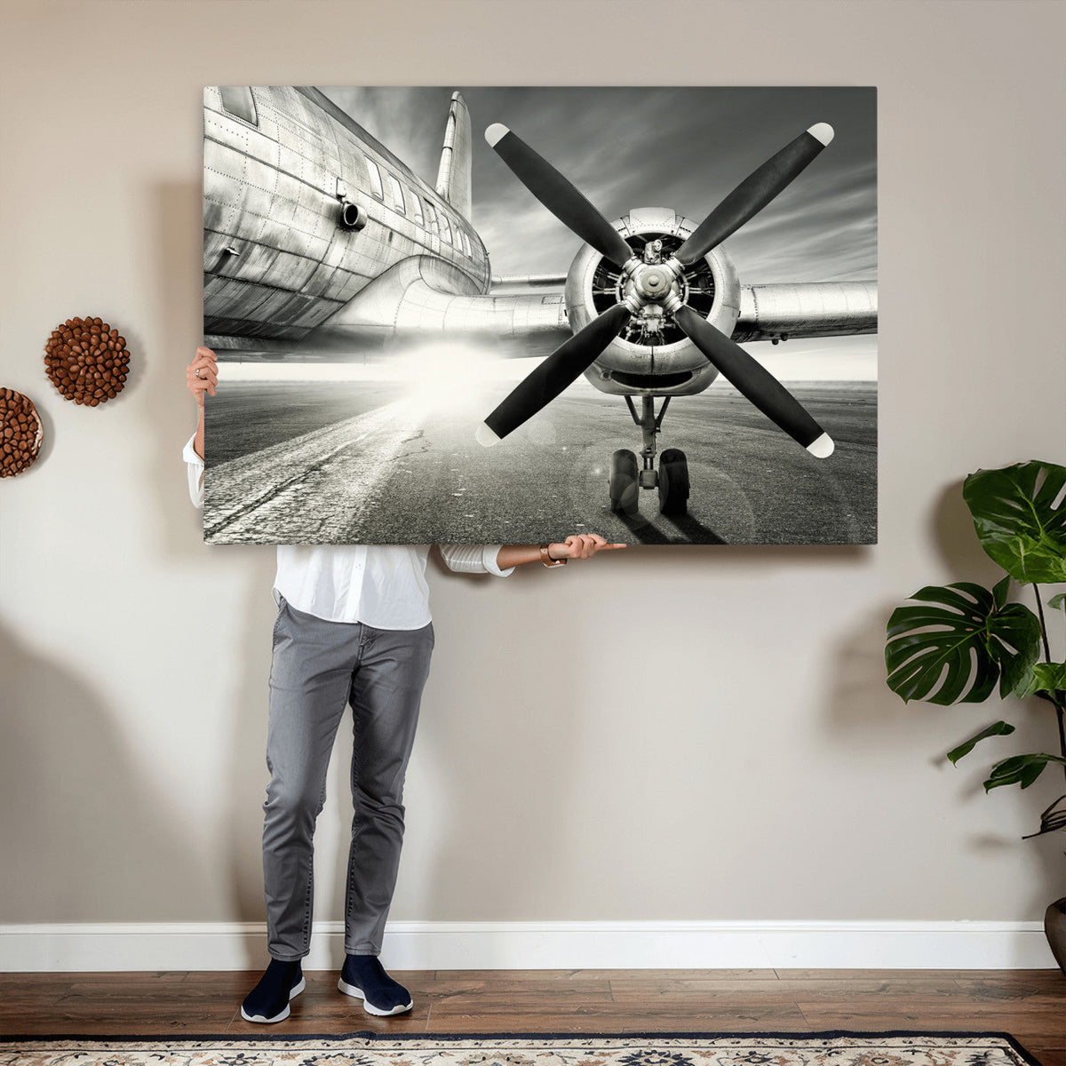 Vintage Airplane Wall Art Canvas Print, Black and White