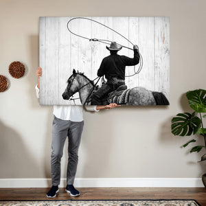 Cowboy Lasso Canvas Wall Art, Black White Western Horse