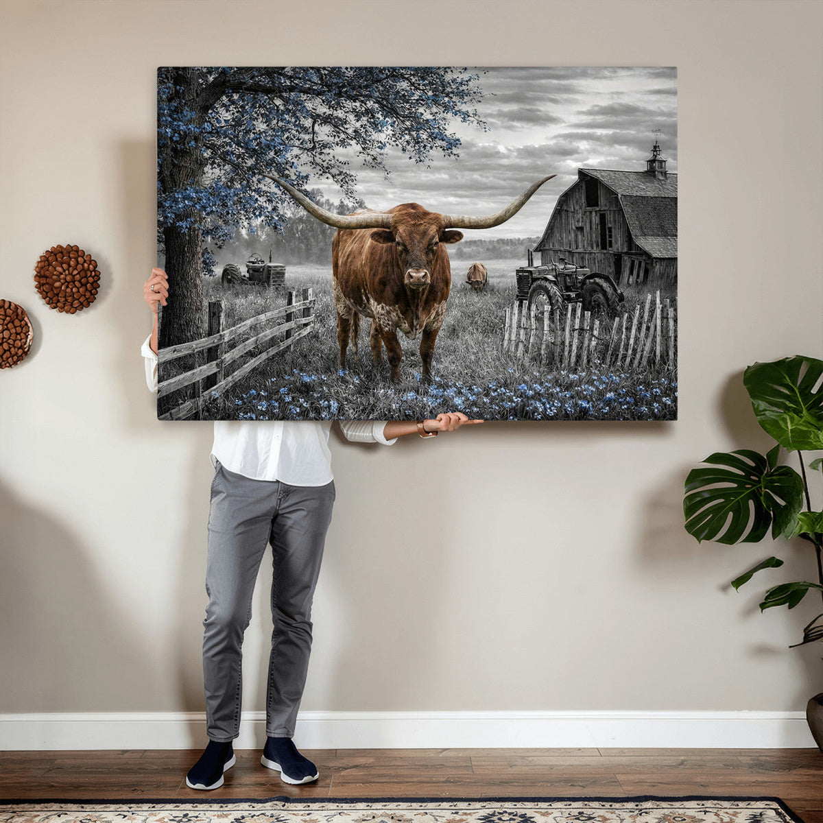 Texas Longhorn Canvas Wall Art, Rustic Farm Barn Bluebonnet