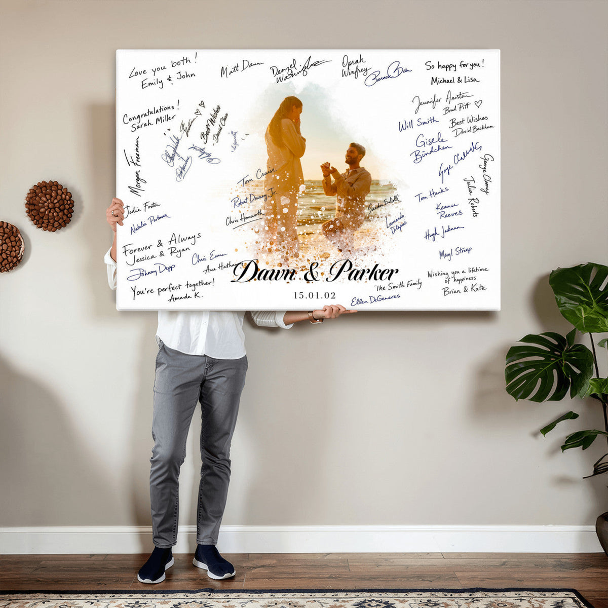 Wedding Guest Book Alternative Wall Art Canvas Print, Personalized Wedding Signature Poster, Custom Couple Photo Guestbook Canvas, Bridal Shower Reception Decor