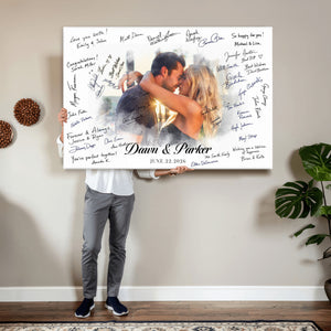 Wedding Guest Book Alternative Wall Art Canvas Print, Personalized Wedding Signature Poster, Custom Couple Photo Guestbook Canvas, Bridal Shower Reception Decor