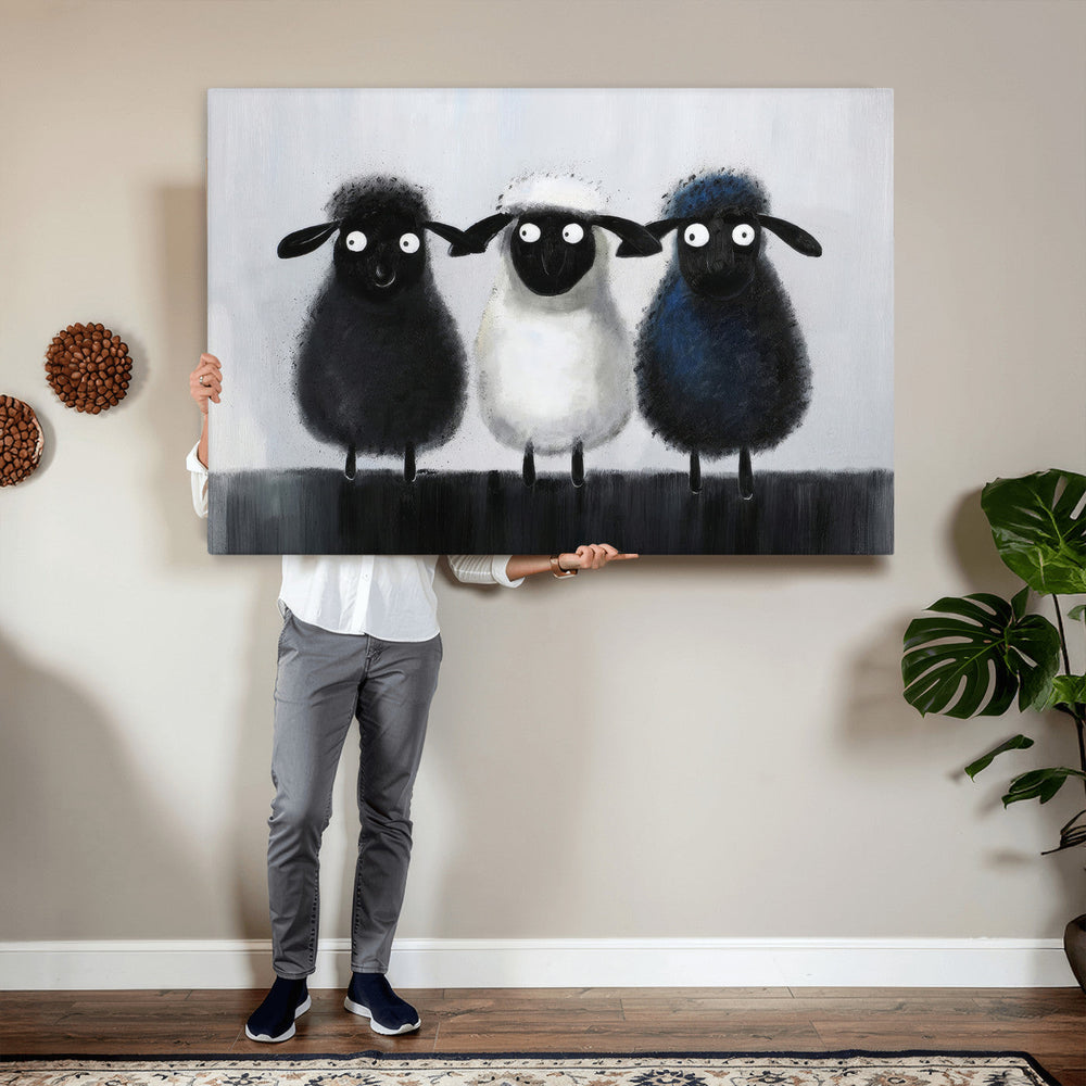 Funny Sheep Canvas Wall Art, Three Quirky Sheep Painting Print, Cute Animal Nursery Decor, Black White Navy Farmhouse Art, Kids Room Gift