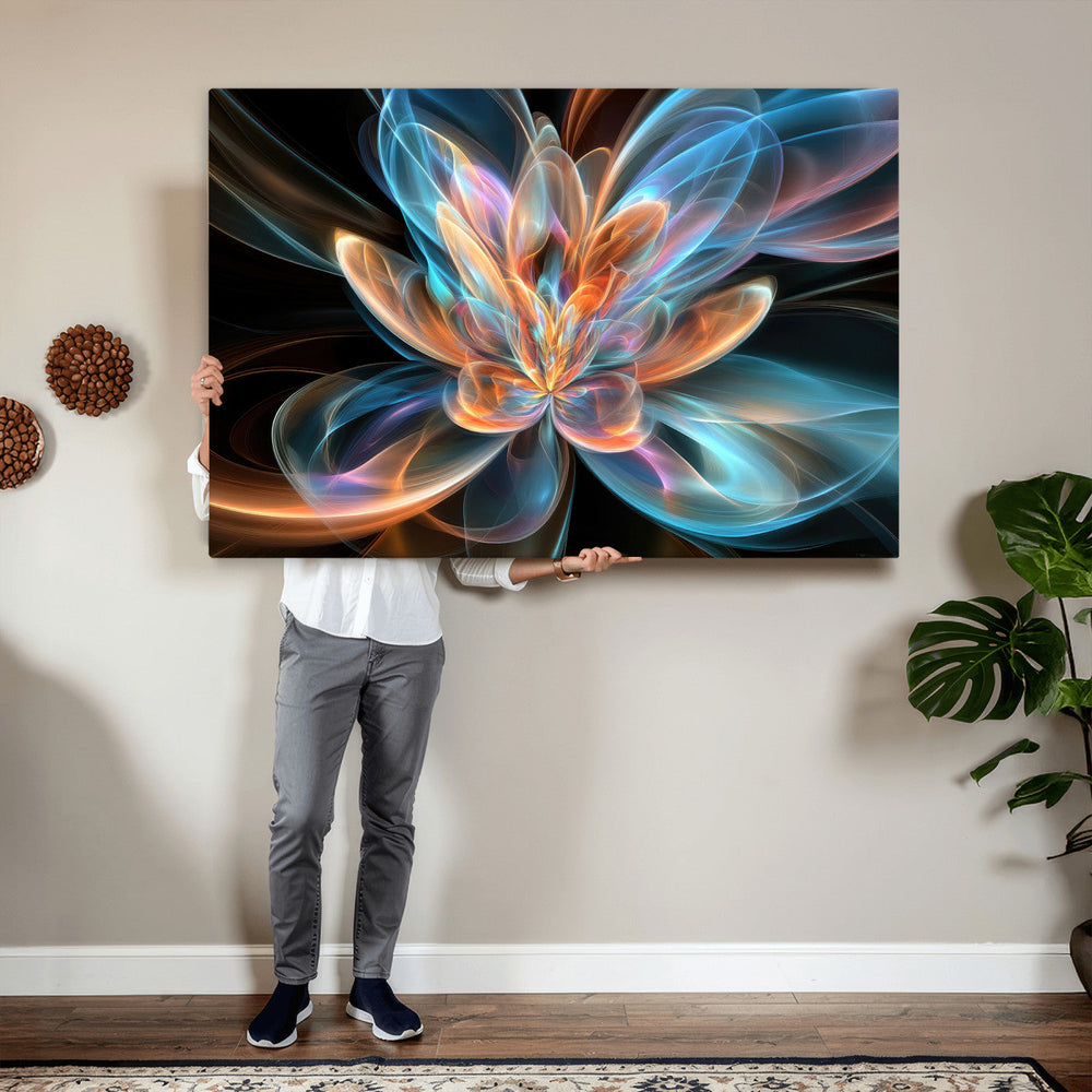 Fractal Lotus Canvas Wall Art, Blue Orange Glowing Flower Abstract Print, Modern Zen Meditation Room Decor, Ethereal Digital Art, Living Room