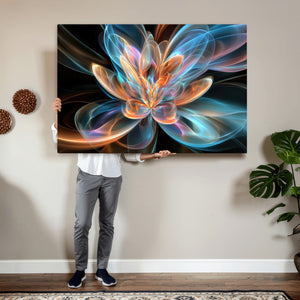 Fractal Lotus Canvas Wall Art, Blue Orange Glowing Flower Abstract Print, Modern Zen Meditation Room Decor, Ethereal Digital Art, Living Room