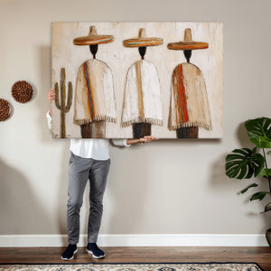 Mexican Wall Art Canvas Print, Southwestern Sombrero Poncho Painting, Neutral Earthy Boho Decor, Fiesta Living Room Art, Impasto Style Print