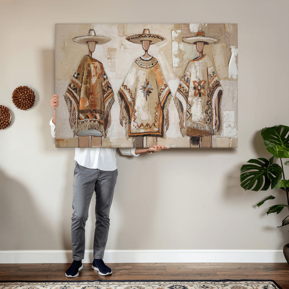 Mexican Folk Art Canvas Wall Art, Charro Poncho Sombrero Painting Print, Neutral Beige Boho Decor, Southwestern Impasto Style, Living Room Art