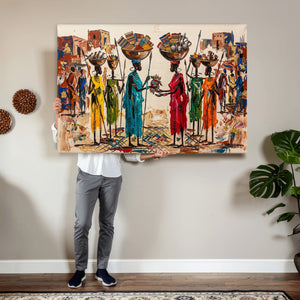 African Folk Art Canvas Wall Art, Colorful African Women Village Painting Print, Tribal Ethnic Home Decor, Vibrant African Art, Living Room