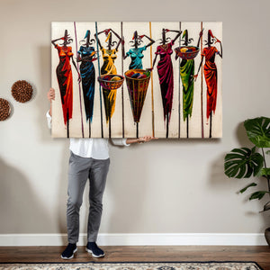 African Folk Art Canvas Wall Art, Colorful African Women Village Painting Print, Tribal Ethnic Home Decor, Vibrant African Art, Living Room