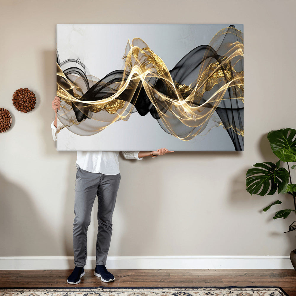 Black and Gold Abstract Wall Art, Modern Wave Canvas Print, Elegant Flowing Smoke Art, Luxury Living Room Decor