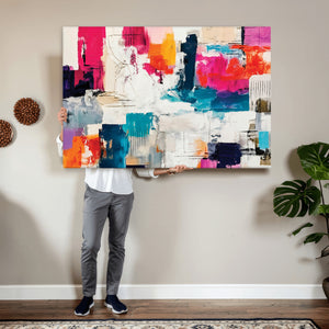 Blue Teal Abstract Canvas Wall Art, Modern Textured Painting Print, Navy Orange White Contemporary Art, Neutral Living Room Decor, Office Art
