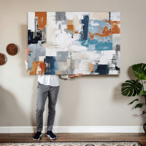 Blue Teal Abstract Canvas Wall Art, Modern Textured Painting Print, Navy Orange White Contemporary Art, Neutral Living Room Decor, Office Art