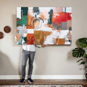 Blue Teal Abstract Canvas Wall Art, Modern Textured Painting Print, Navy Orange White Contemporary Art, Neutral Living Room Decor, Office Art