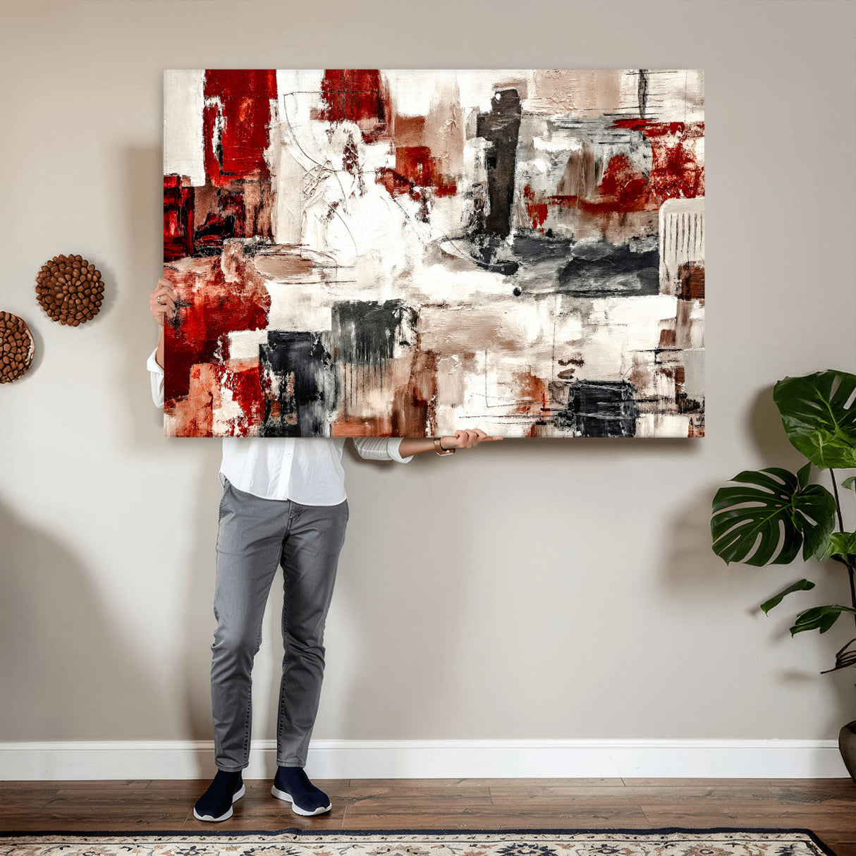 Blue Teal Abstract Canvas Wall Art, Modern Textured Painting Print, Navy Orange White Contemporary Art, Neutral Living Room Decor, Office Art