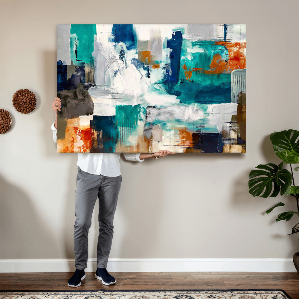 Blue Teal Abstract Canvas Wall Art, Modern Textured Painting Print, Navy Orange White Contemporary Art, Neutral Living Room Decor, Office Art