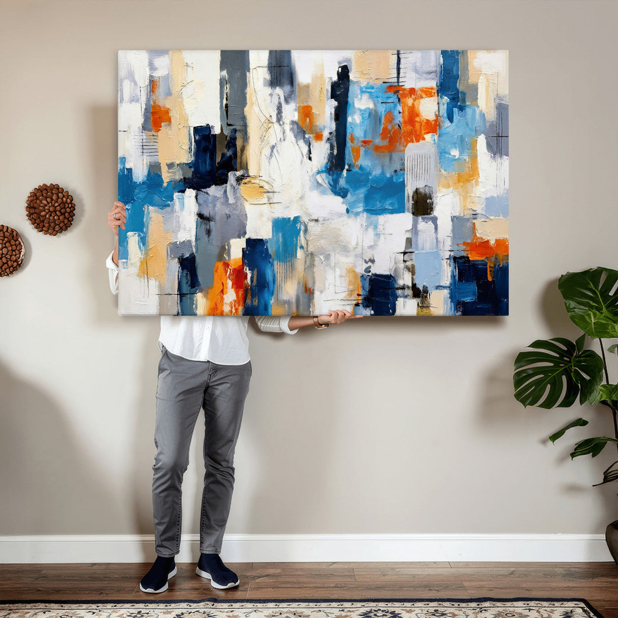 Blue Teal Abstract Canvas Wall Art, Modern Textured Painting Print, Navy Orange White Contemporary Art, Neutral Living Room Decor, Office Art