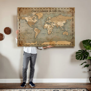 Vintage Personalized Push Pin World Map, Vintage Travel Map Canvas, Custom Names Anniversary Gift, Places Visited Pin Board, Couples Adventure Art