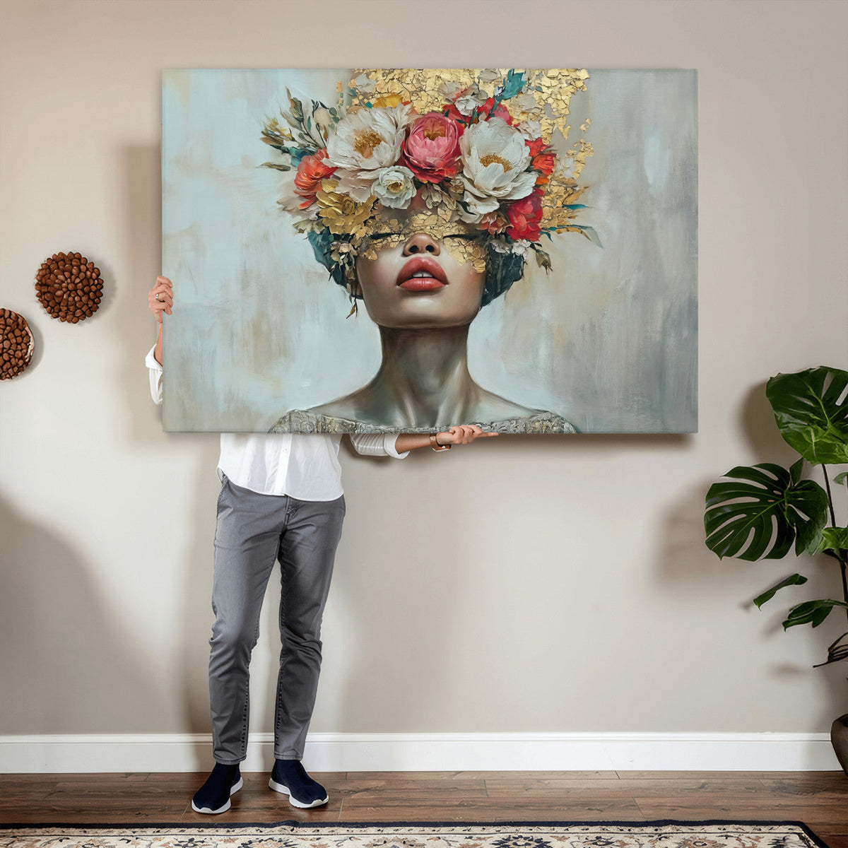 Golden Petal Wall Art Canvas Print - Silhouette Woman Wall
