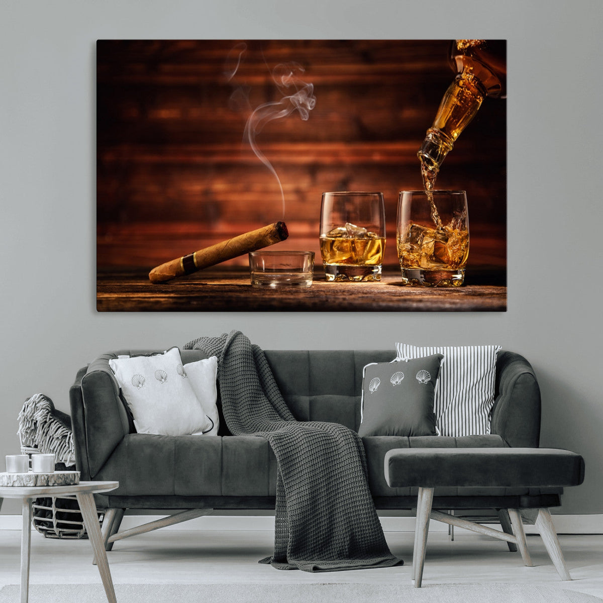 Whiskey and Cigar Wall Art Canvas | 3 Panel Bar Room Decor