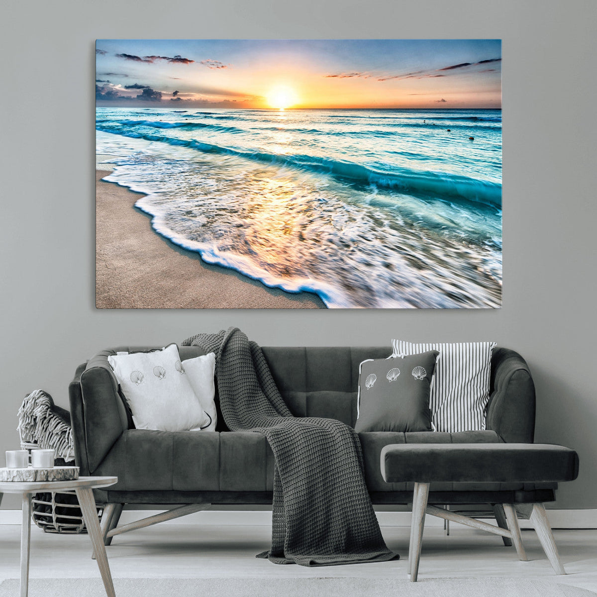 Sunset Beach Waves Canvas Wall Art – 5-Panel Ocean Sunset