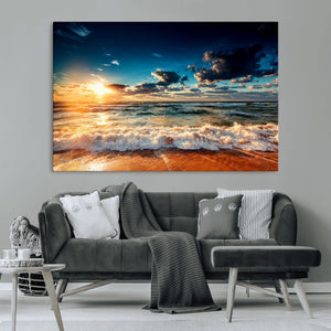 Golden Hour Sunset Over Ocean Waves Wall Art Canvas Print |