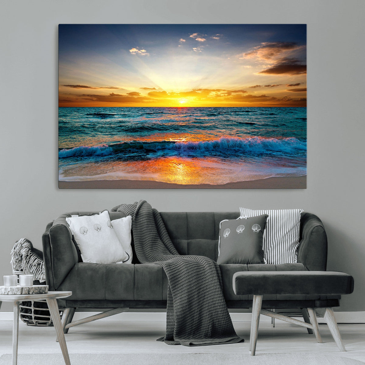 Vibrant Ocean Sunrise Over Golden Beach Waves, Giclee Canvas