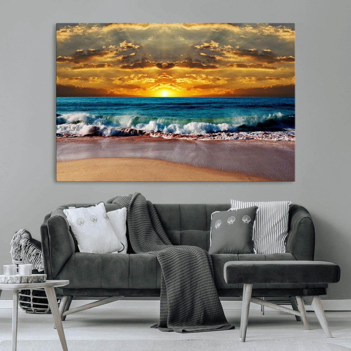 Ocean Sunrise Over Golden Beach Waves, Giclee Canvas Wall
