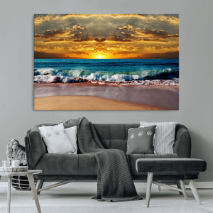 Ocean Sunrise Over Golden Beach Waves, Giclee Canvas Wall
