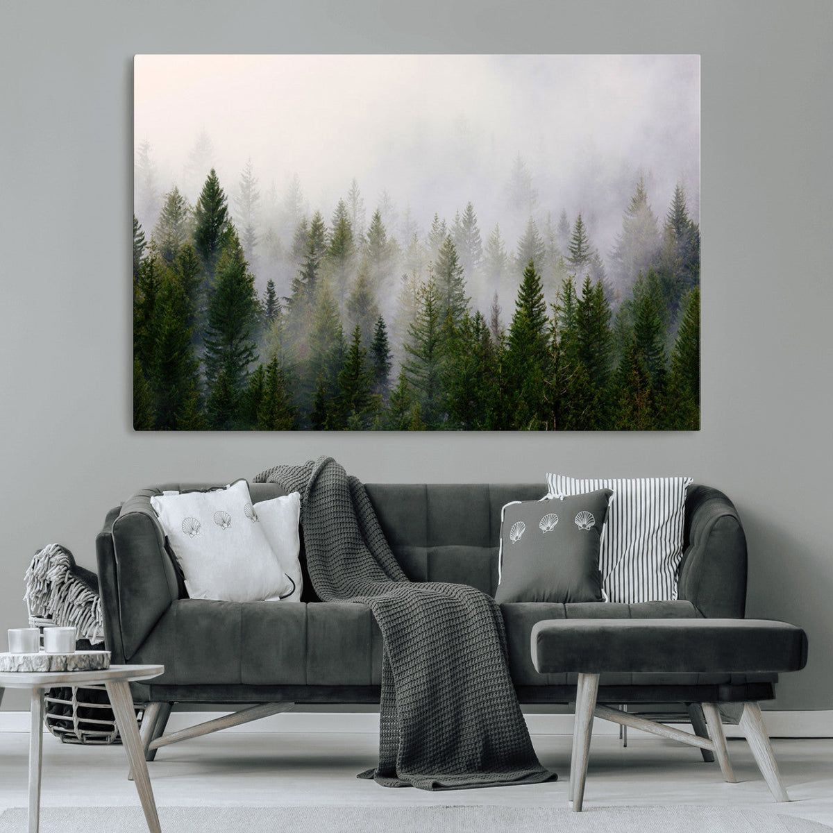 Misty Pine Forest Wall Art Canvas Print | 3 Panel Green
