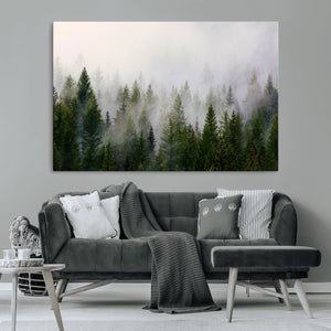 Misty Pine Forest Wall Art Canvas Print | 3 Panel Green