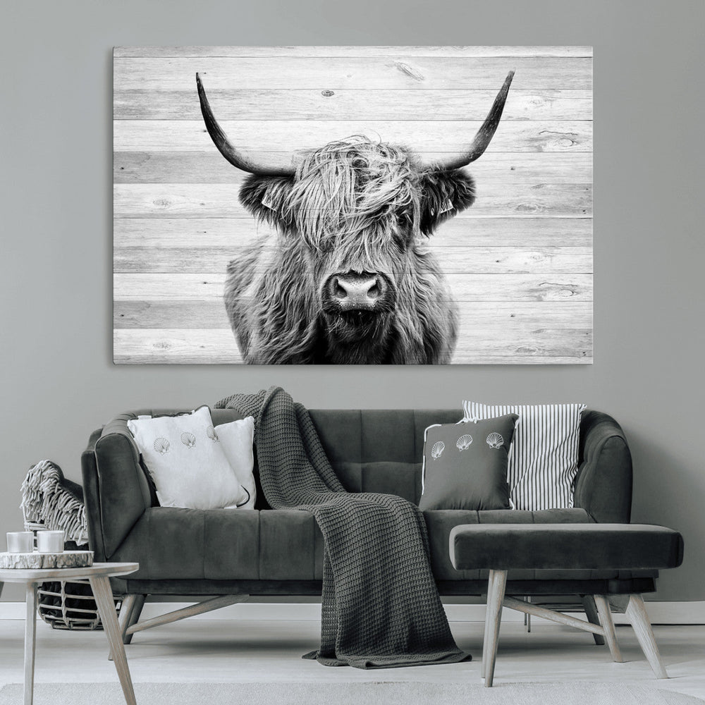 Scottish Highland Cow Cattle Art Print on Wood Background