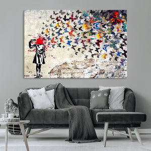 Banksy Art Butterfly Girl Explosion Canvas Art – Vibrant