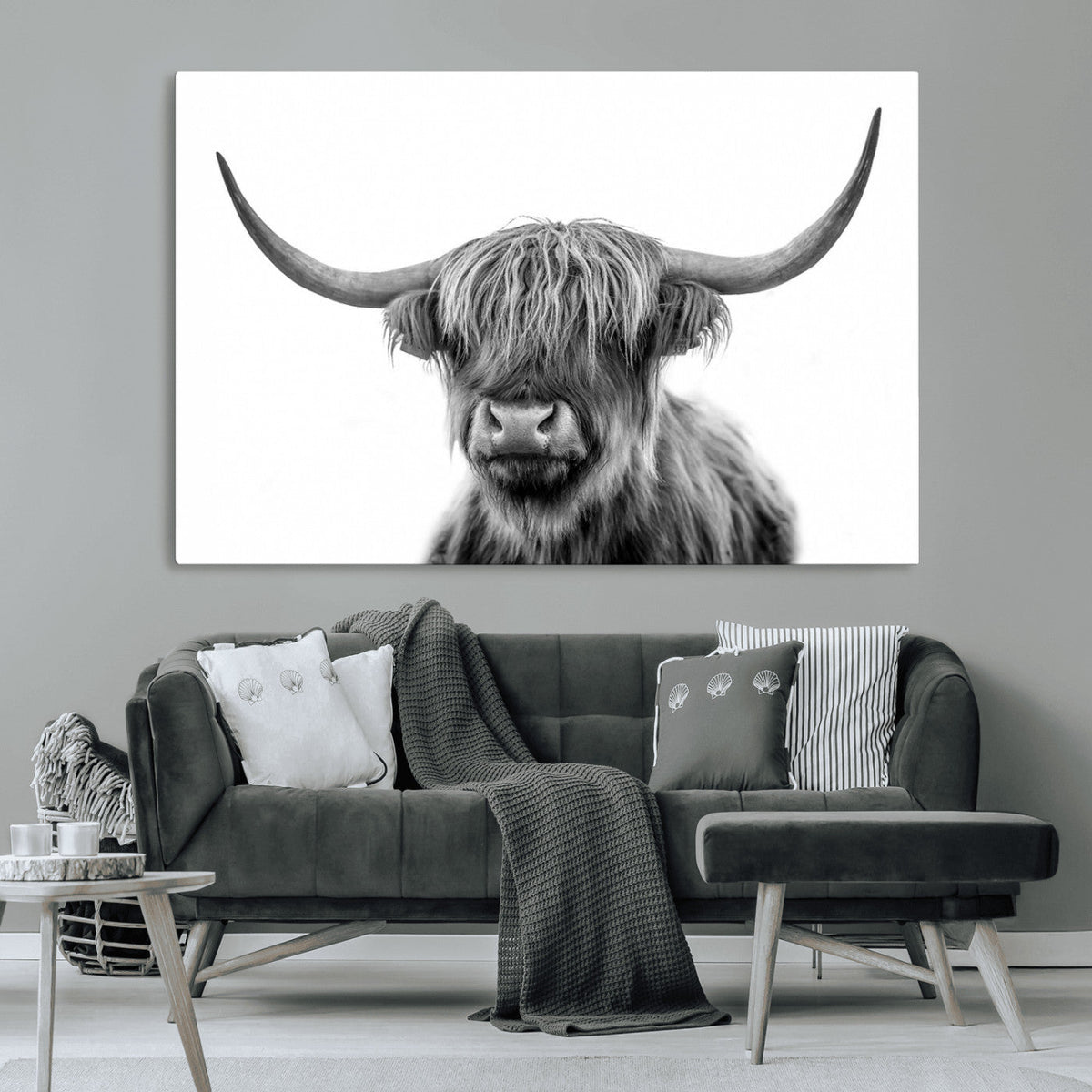 Grayscale Scottish Highland Cow Cattle Art Print Farmhouse