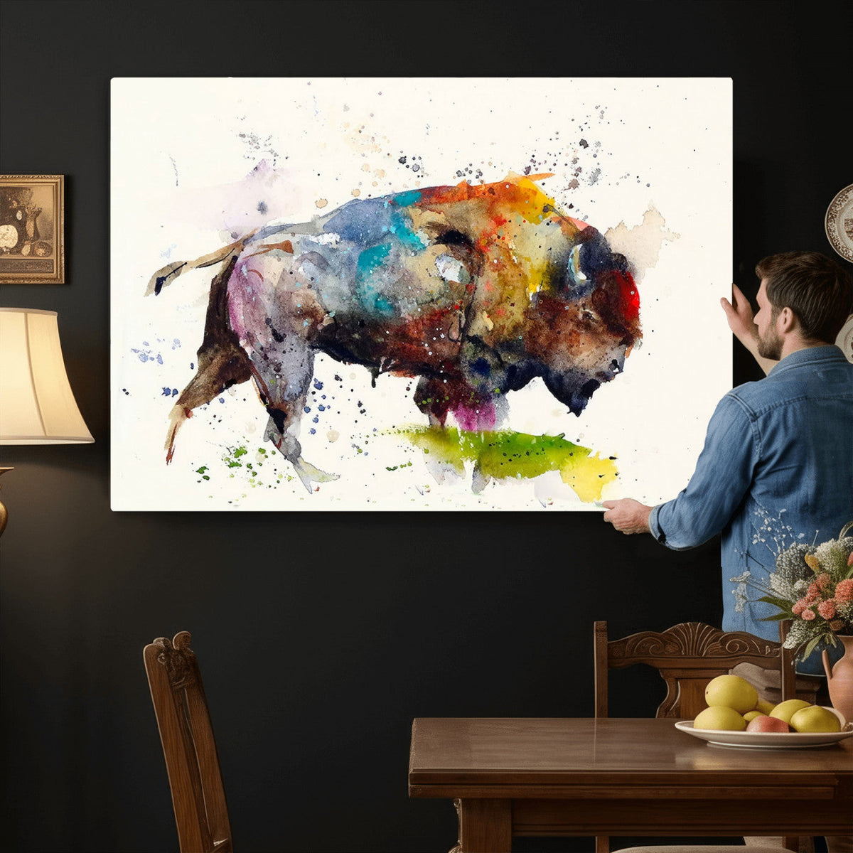Abstract Buffalo Wall Art, Western Watercolor Bison Canvas