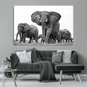 Black White Elephant Family Wall Art Canvas Print