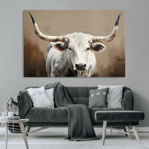 White Longhorn Bull Wall Art Canvas Print – Framed and Ready