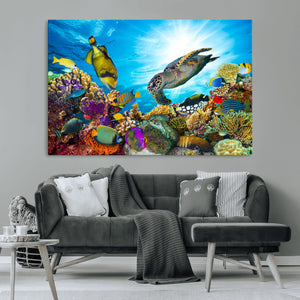 Colorful Coral Reef and Sea Life Turtle Canvas Print,