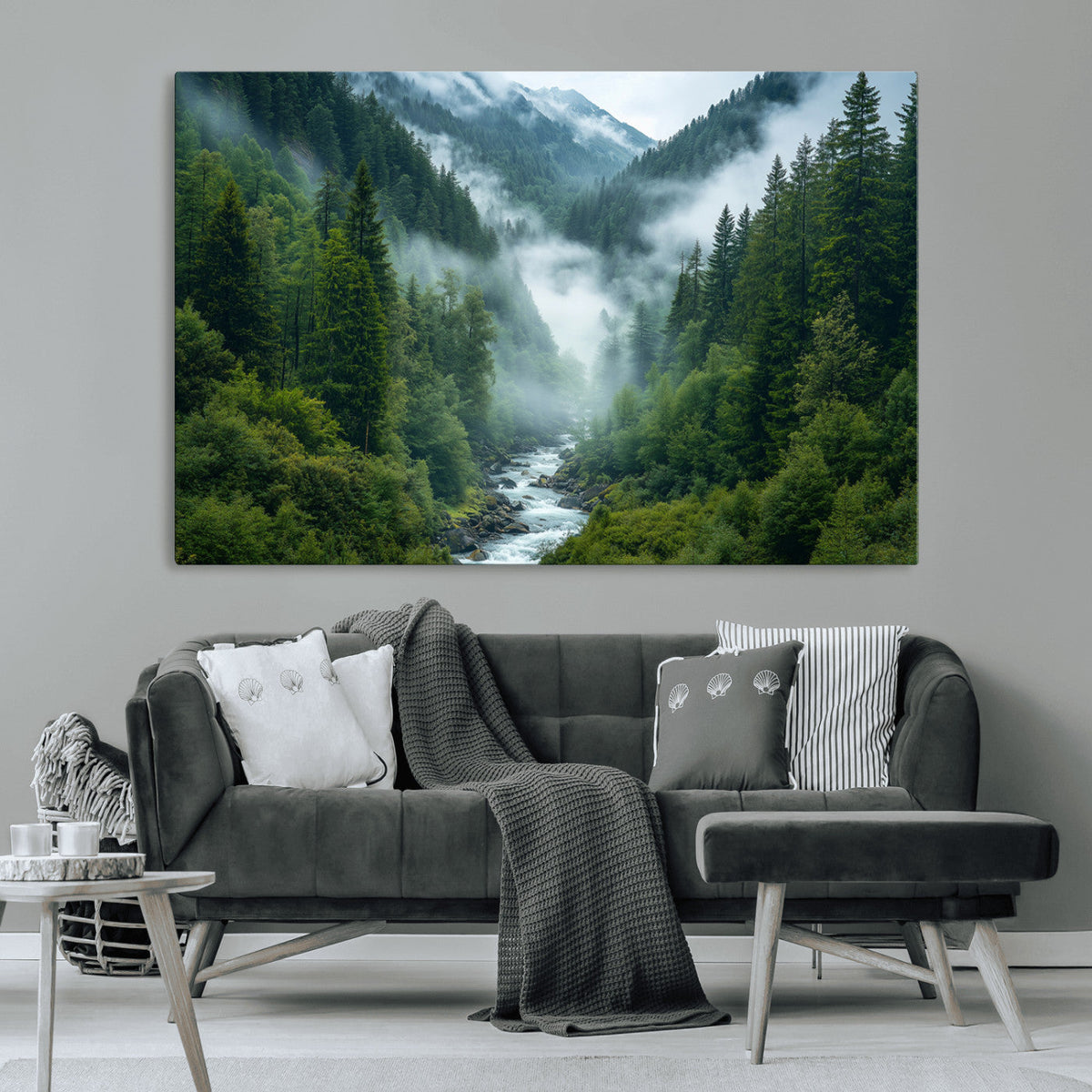 Mountain Forest River Canvas Wall Art Print - Serene Nature