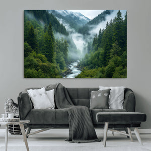 Mountain Forest River Canvas Wall Art Print - Serene Nature