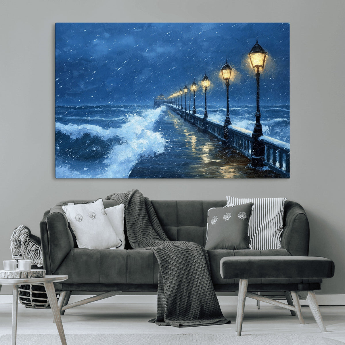 Stormy Ocean Pier Lights Canvas Wall Art Print - Large Moody